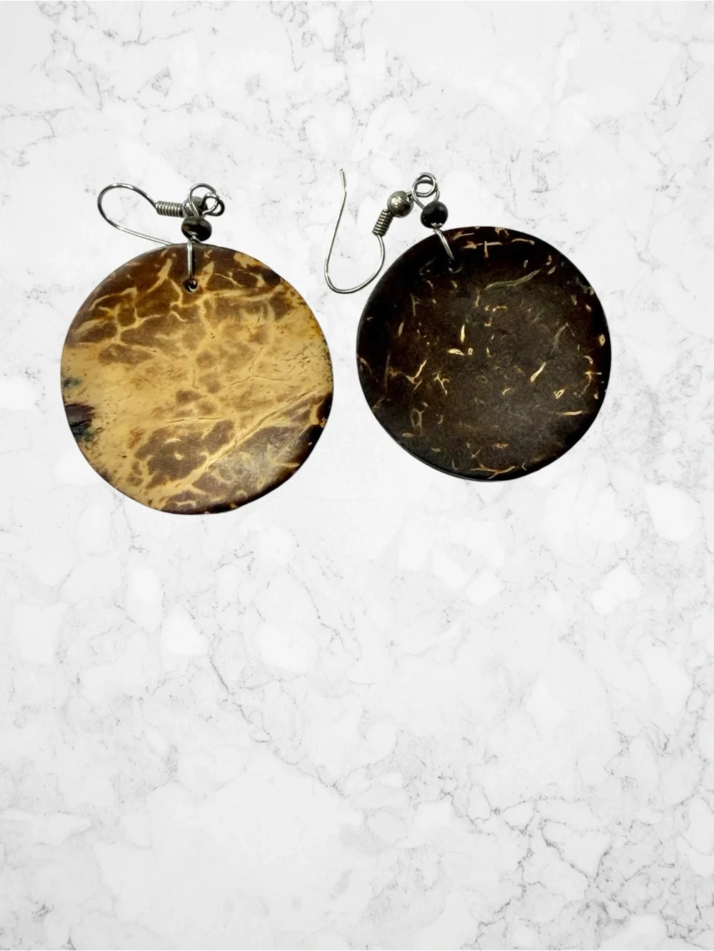 Round Mosaic Coconut Shell Brown Beige Disc Hook Earrings Boho Tribal Native